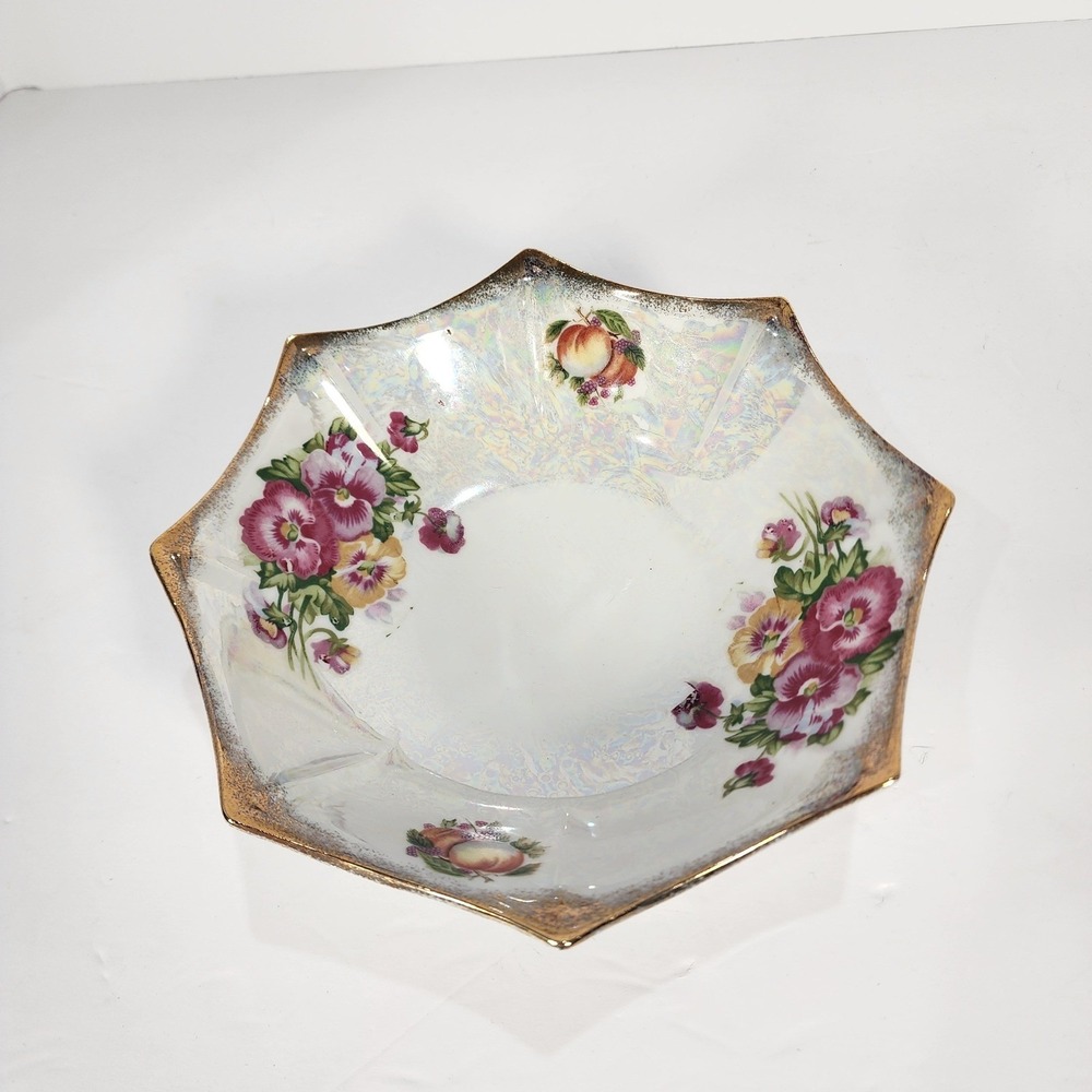 Vintage Trimont Ware Japan Lusterware Bowl Floral Fruit Gold Trim Scalloped 8.5"